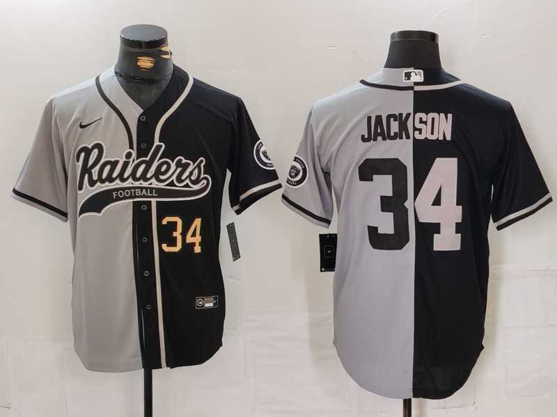 Mens Las Vegas Raiders #34 Bo Jackson Number Grey Black Split Cool Base Stitched Baseball Jersey